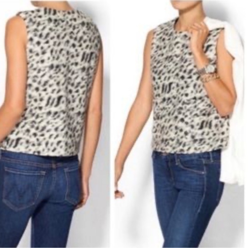 🥑New Line & Dot Fuzzy Animal Print Sleeveless Top | Cream & Gray | XS